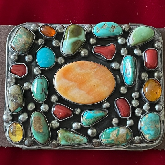 Spectacular Sterling Silver Concho Belt full of Turquoise, Coral, Amber and more - Picture 5 of 12